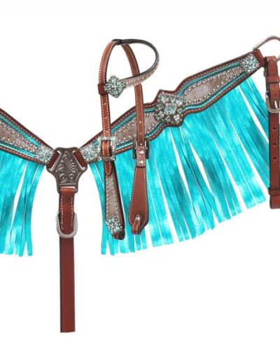 Pony Size Headstall and breast collar set with holographic snake print and metallic color fringe