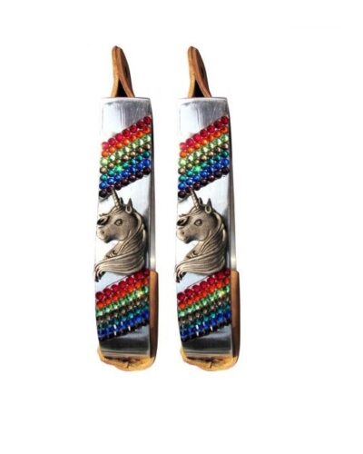 Pony/Youth Polished Aluminum Stirrups w/ Unicorn Concho & Rainbow Crystal Rhinestone Stones