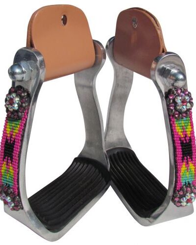 Polished Aluminum Stirrups w/ Hot Pink & Black Navajo Beaded Overlay