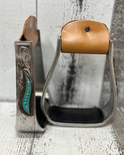 Silver Engraved Stirrups w/ Copper & Teal Feather Combo