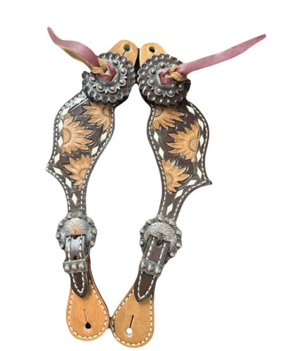 Ladies Sunflower Tooled Spur Straps with Buckstitch Trim