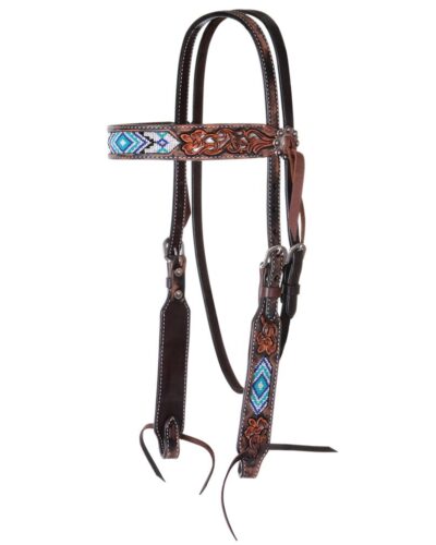 Circle Y Distressed Beaded Blue Diamond Inlay Browband Headstall