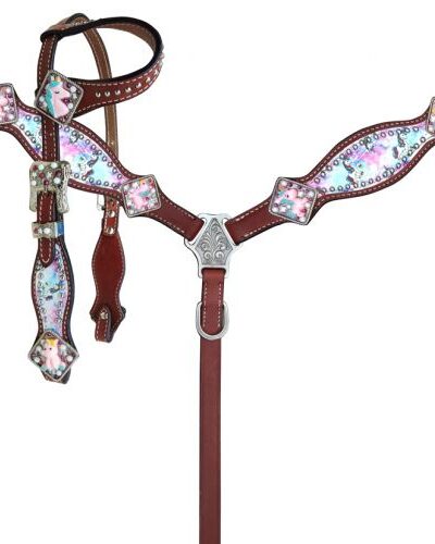 Pony Size Tie Dye Unicorn Printed Headstall & Breastcollar Set