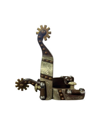 Youth Size Brown Steel Spur w/ Copper Studs & Silver Engraved Overlay