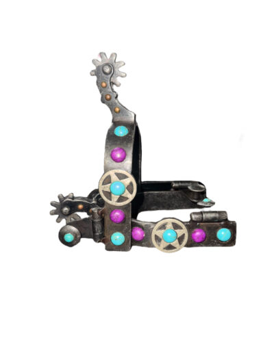 Antique Grey Steel Spur w/ Purple & Teal Marble Studs & Texas Star Design