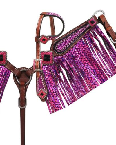 Mini Size Pink Metallic Snake Print Headstall & Breastcollar Set