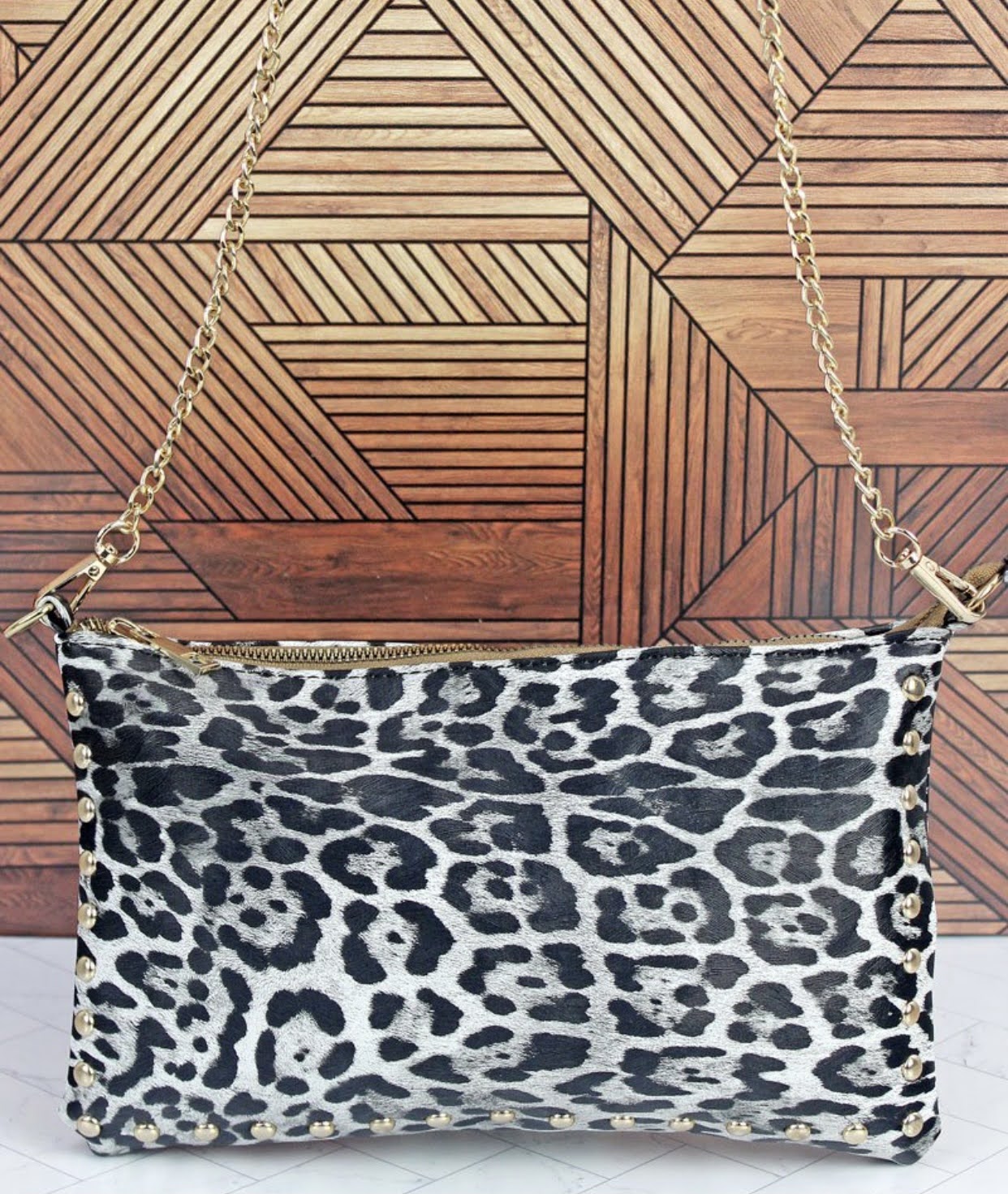 Wild Night Out Studded Grey Leopard Clutch - Image 2
