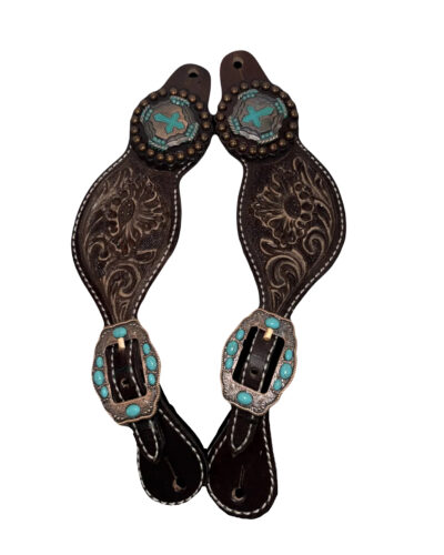 Ladies Tooled Leather Spur Straps w/ Vintage Cross Conchos