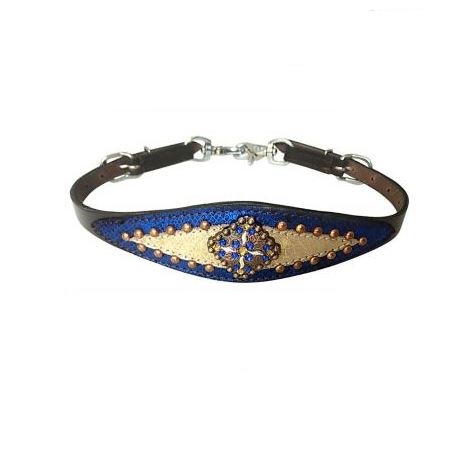 New! Showman Gold Metallic cheetah print wither strap with teal accent and beading main image 0