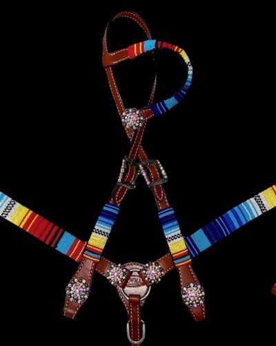 Red, Yellow and Blue Beaded Headstall & Breastcollar Set