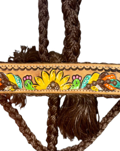 Alternative view of Hand Painted Feather, Sunflower & Cactus Woven Brown Nylon Mule Tape Halter