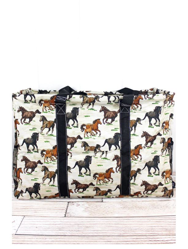 Wild Horses Collapsible Double Haul-It-All Basket w/ Mesh Pockets & Lid