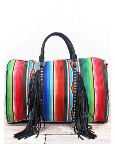 Southwest Serape Faux Leather Fringe Weekender Duffle Bag