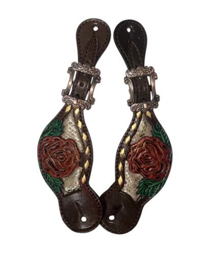 Painted Red Rose on Gold Snakeskin Ladies Spur Straps