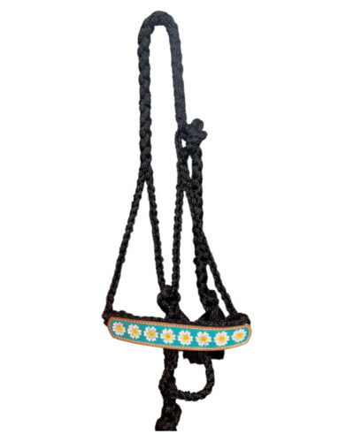Hand Painted Teal Flower Woven Black Nylon Mule Tape Halter