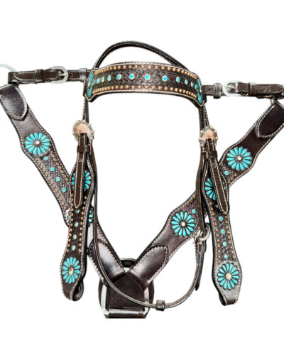 Large Pony/Small Horse Turquoise Painted Flower Headstall & Breastcollar Set