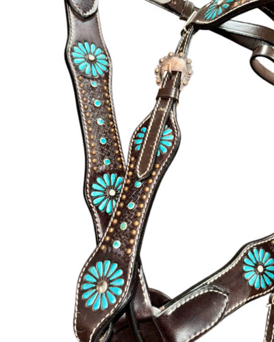 Alternative view of Large Pony/Small Horse Turquoise Painted Flower Headstall & Breastcollar Set