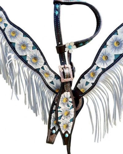 Alternative view of White Poppy Painted Flower Headstall & Breastcollar Set