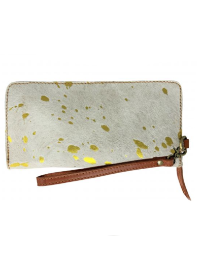 White & Gold Printed Hair on Cowhide Clutch Wristlet