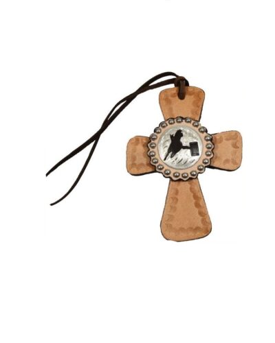 Tie On Leather Cross Saddle Charm w/ Silver Barrel Racer Concho