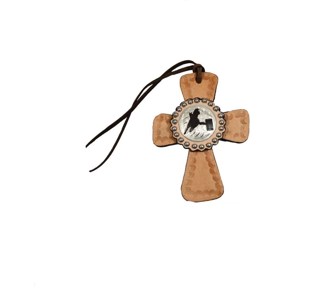 Tie On Leather Cross Saddle Charm w/ Silver Barrel Racer Concho