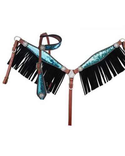 Turquoise & Silver Sequins Inlay Headstall and Breastcollar Set