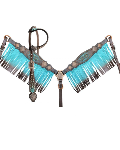 Teal & Brown Ombre Fringe Headstall & Breastcollar Set