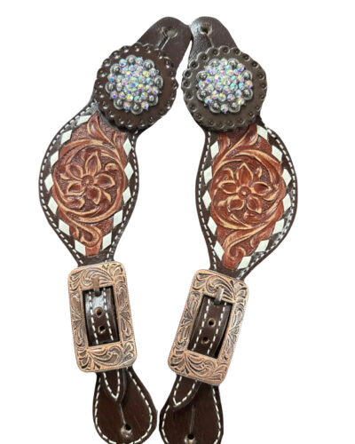 Ladies Size Two-Tone Floral Tooled Spur Straps