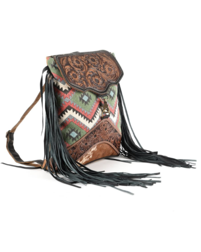 Hand Tooled Leather Crossbody Bag w/ Hand Blocked Rug & Leather Fringe