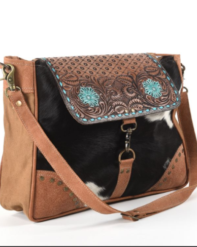 Hand Tooled Cowhide Crossbody Bag with Leather Flap
