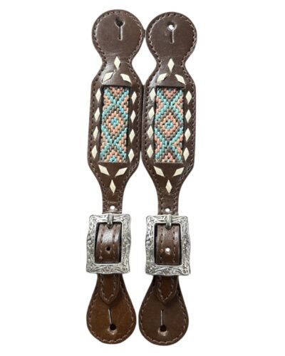 Ladies Leather Spur Straps w/ Woven Fabric Inlay & Southwest Design
