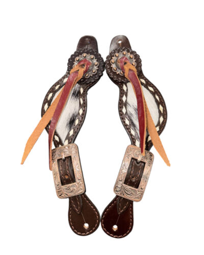 Ladies Leather Spur Straps w/ Hair on Cowhide and Leather Tassels