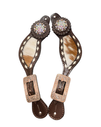 Ladies Leather Spur Straps with Hair on Cowhide & Bling Conchos
