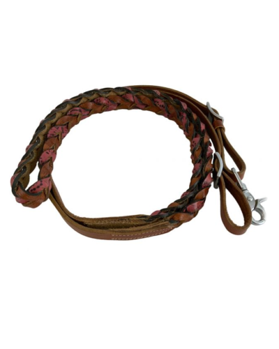 Pink Filigree Miracle Braid Leather Contest/Roping Rein w/ Buckles