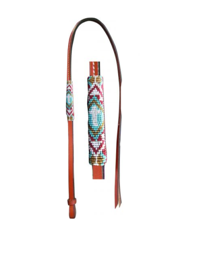 Teal, Red and Gold Cross Beaded Design Leather Over & Under Whip