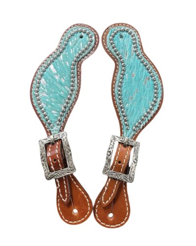 Ladies Teal Hair on Cowhide Spur Straps w/ Acid Wash Spots
