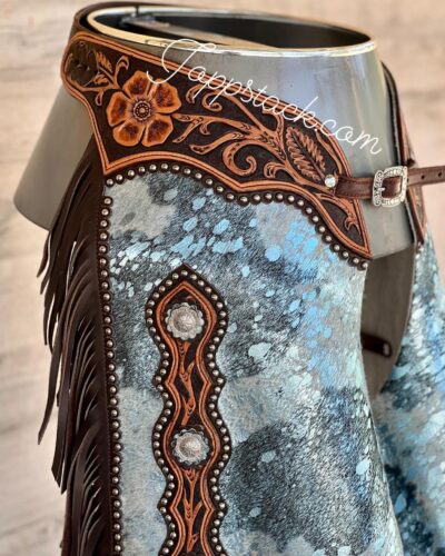 Custom Made Blue Acid Wash Cowhide Chinks - Image 3