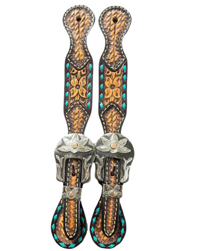Turquoise Cross Ladies Floral Buckstitch Spur Straps