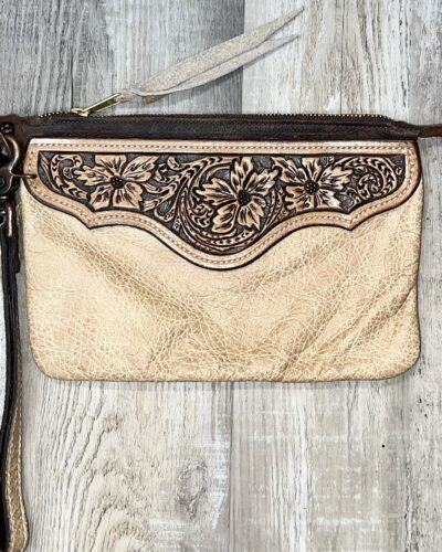 Tan Floral Tooled Wristlet