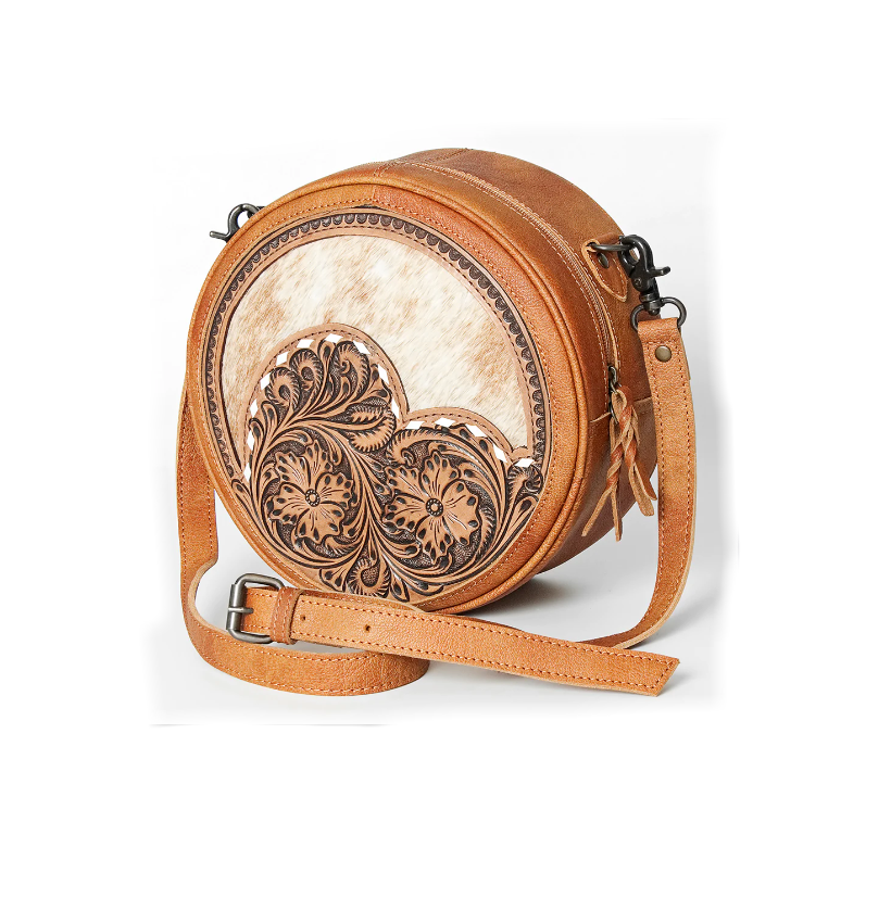 American Darling Canteen Hand Tooled Hair On Cowhide Purse