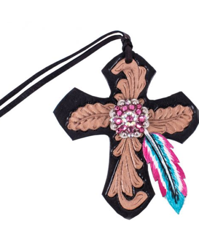 Pink and Turquoise Feather Tie On Leather Cross