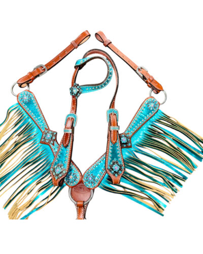Mini Size Metallic Teal Fringe Headstall & Breastcollar Set
