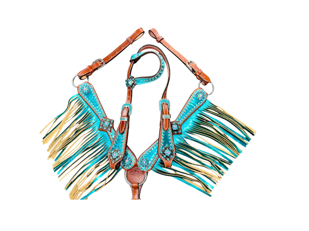 Mini Size Metallic Teal Fringe Headstall & Breastcollar Set
