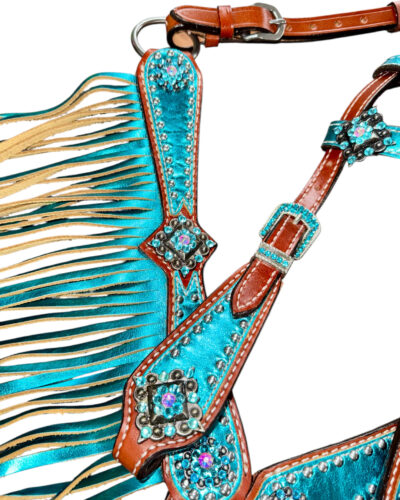 Alternative view of Mini Size Metallic Teal Fringe Headstall & Breastcollar Set