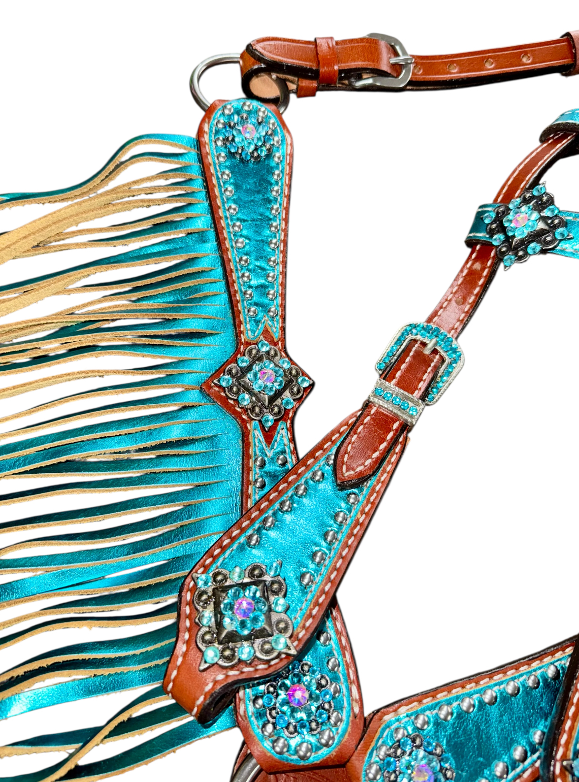 Mini Size Metallic Teal Fringe Headstall & Breastcollar Set - Image 2