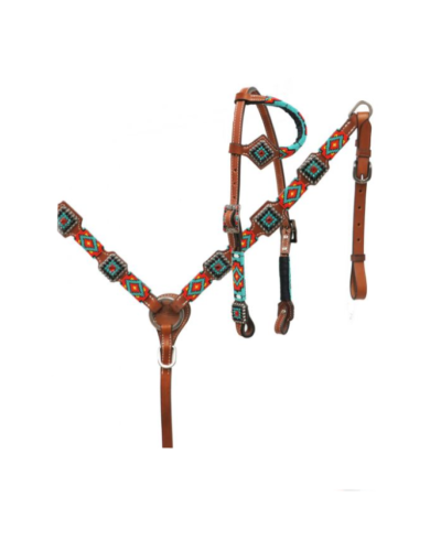 Red and Teal Beaded Headstall & Breastcollar Set