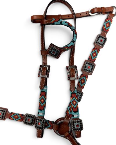 Red and Teal Beaded Headstall & Breastcollar Set