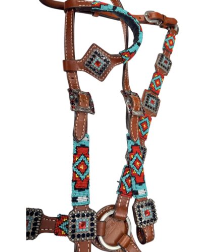 Alternative view of Red and Teal Beaded Headstall & Breastcollar Set