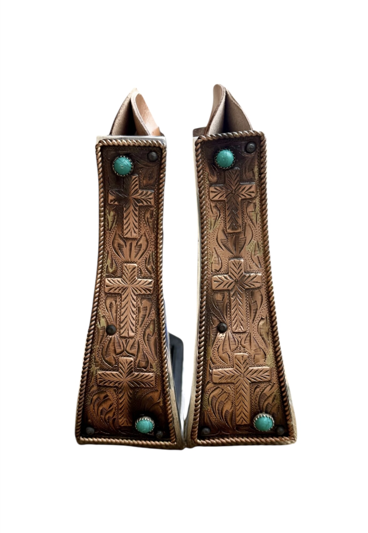 Engraved Copper Cross & Turquoise Aluminum Stirrups