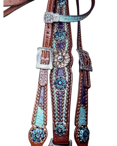 Alternative view of Rockn’ Wilsons Teal & Purple Gator Overlay w/ Copper Daisy Conchos